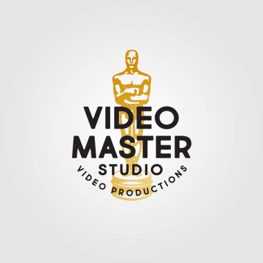 Video Master logosu. Video Prodüksiyon Stüdyosu amblemi. Harflerle altın ödül sembolü. Çizikler, eski püsküsyon tarzı.