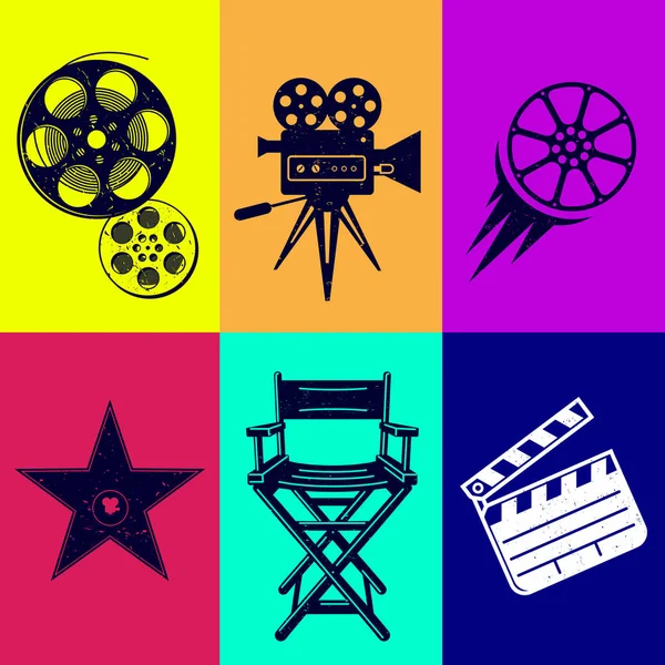Different Icons Movie Production Vintage Style Movie Camera Star Award — Stock Vector