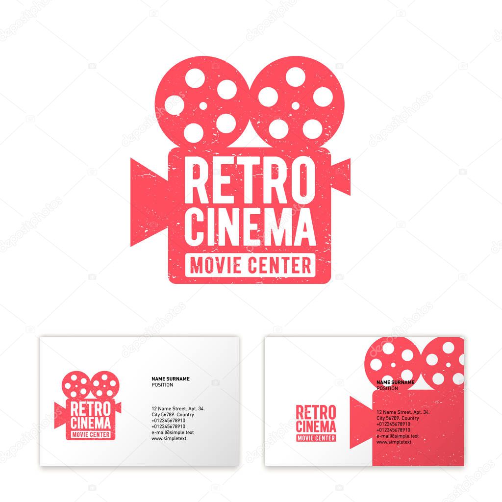 Retro cinema logo. Movie Center or production in vintage style. Symbol of camera with letters. Scratches, shabby style.