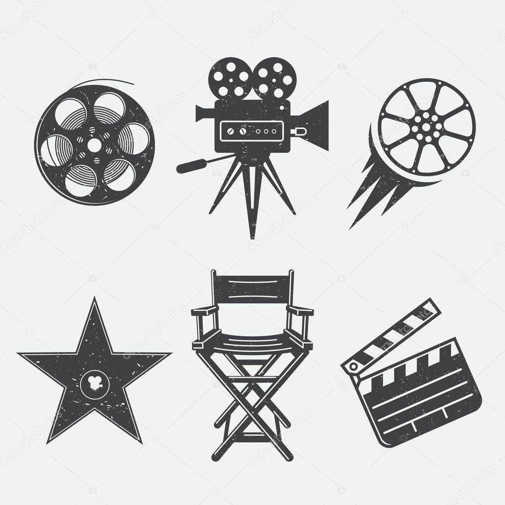 Different icons for movie and production in vintage style. Movie camera, star award, movie clapper, camera, bobbin, cine-film and director armchair.