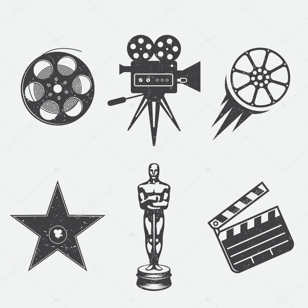 Different icons for movie and production in vintage style. Movie camera, star award, movie clapper, camera, bobbin, cine-film and movie award.
