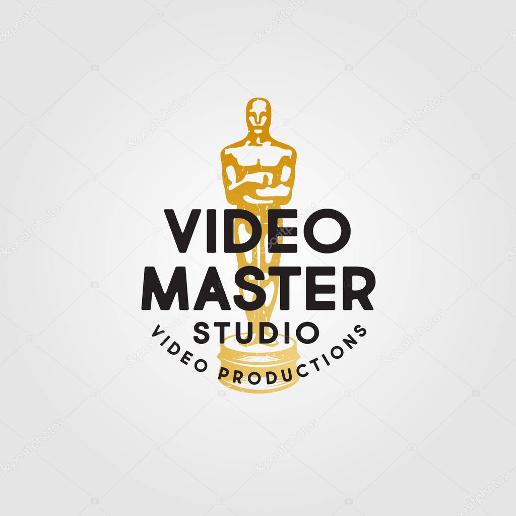 Video Master logo. Video Production Studio emblem. Symbol of gold award with letters. Scratches, shabby style.