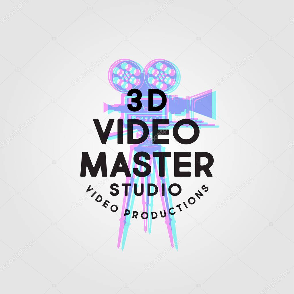 3D Video Master logo. Video production studio emblem. Glitch of Symbol of camera with letters. Stereo film symbol.