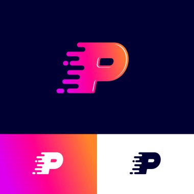 Farklı arka planlarda hız sembolü olan P harfi hareketi. Dinamik logo. Hız veya teslimat simgesi.