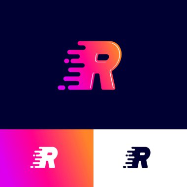 Farklı arka planlarda hız sembolü olan R harfi hareketi. Dinamik logo. Hız veya teslimat simgesi.