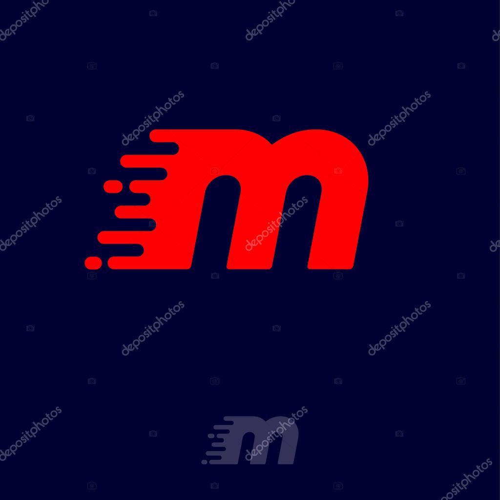Red letter M with movement, isolated on a dark background. Dynamic logo. Velocity or delivery icon.