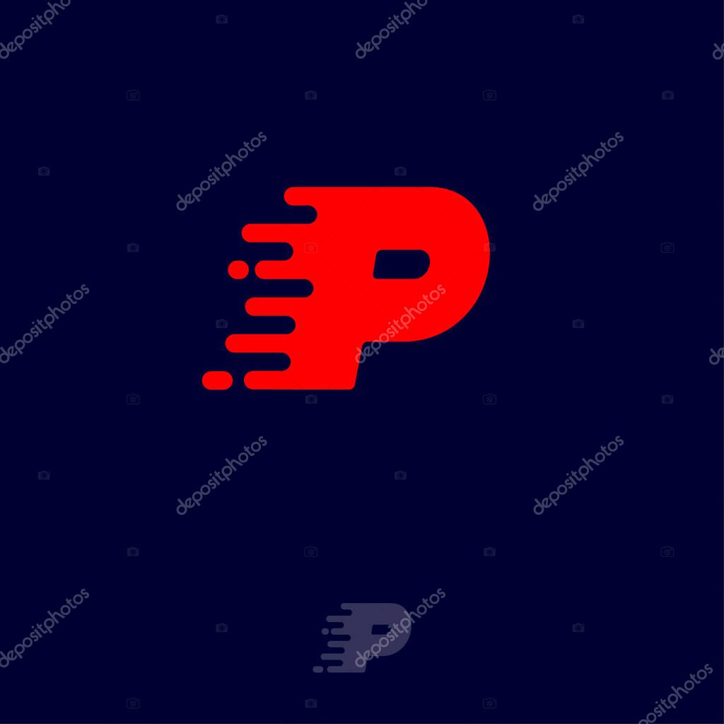 Red letter P with movement, isolated on a dark background. Dynamic logo. Velocity or delivery icon.