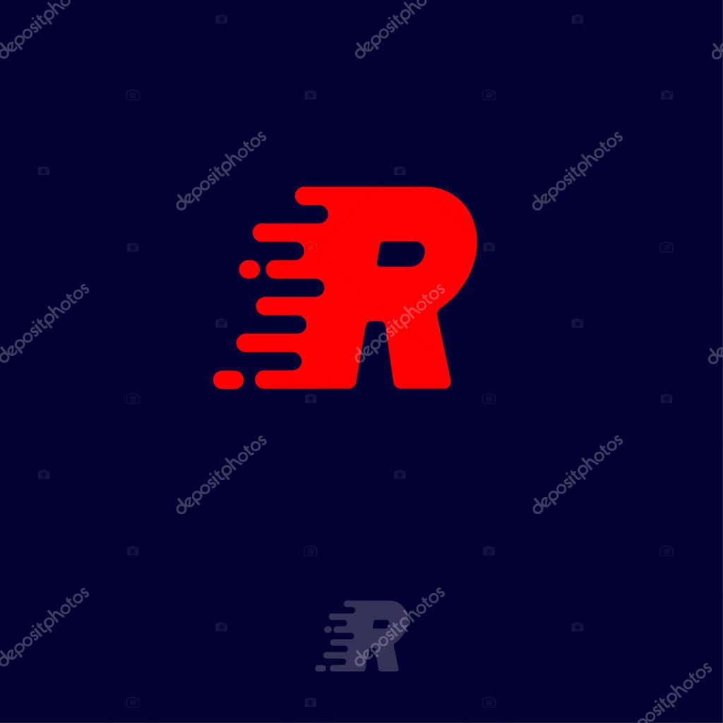 Red letter R with movement, isolated on a dark background. Dynamic logo. Velocity or delivery icon.