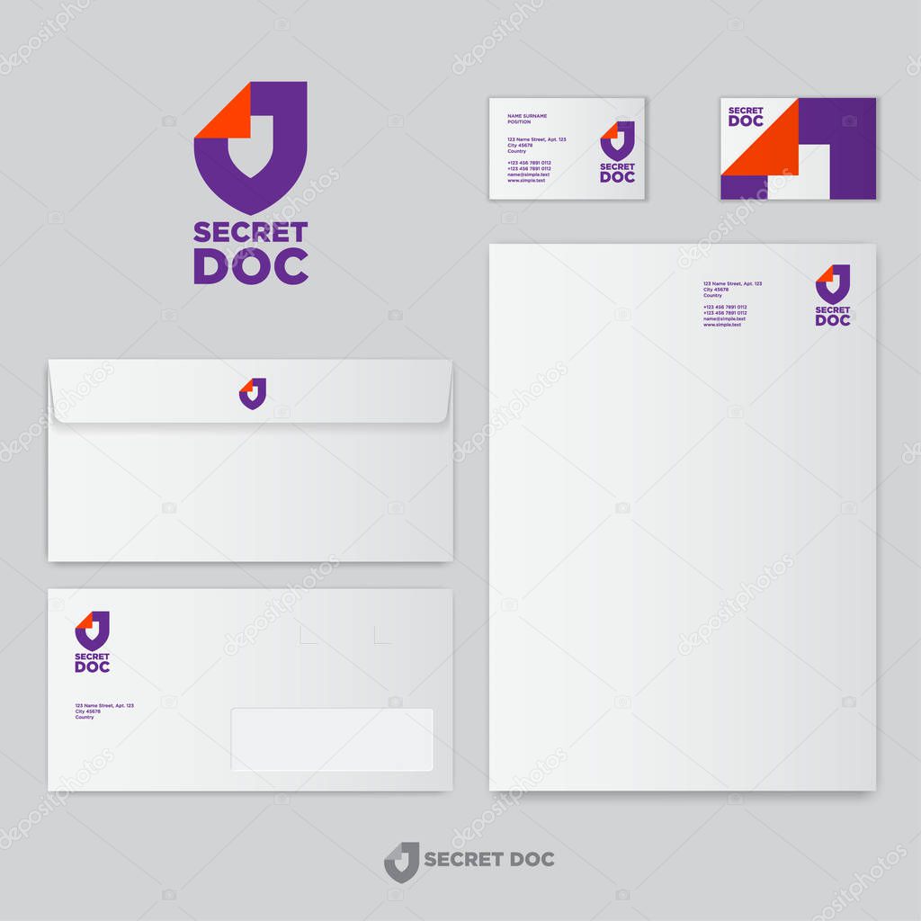 Secret Doc logo. Shield with folded corner as paper document. Identity. Business papers templates. Emblem  of antivirus or protection system.  Letterhead, envelopes, business card.