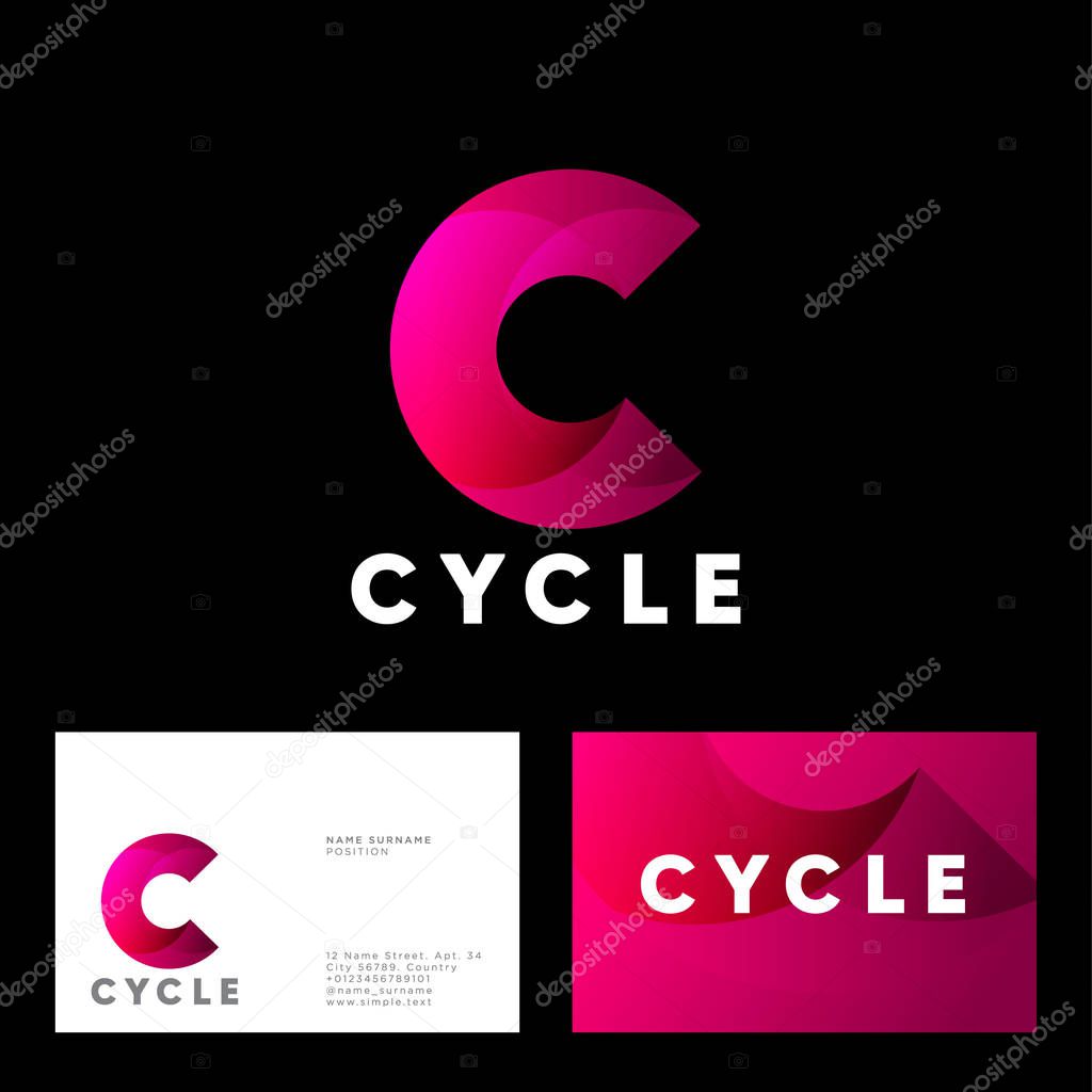 Cycle logo. C helix logo. Web, UI icon. Red-pink vortex logo on a black background. Business card.