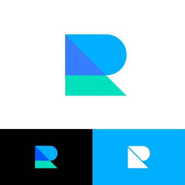 R logosu. R soyut monogram. Mavi ve masmavi saydam öğeler. Bina veya inşaat logosu. Tek renkli seçenek.