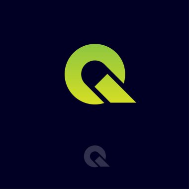 Q basit monogram. Q logosu. Koyu renkli bir arka plan üzerine yeşil-sarı mektup. Pul gibi geometrik şekiller.