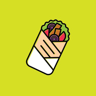 Döner logosu. Döner Kebap simgesi. Pide ekmek sebze ile sarma sandviç. Fast Food ve sokak yemekleri simgesi.