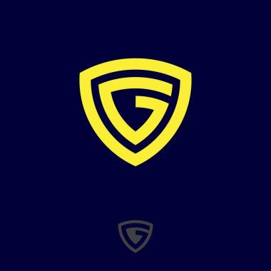G Monogram. G logosu. Kalkanda sarı mektup var. Antivirüs veya koruma sistemi amblemi. Ağ, Web simgesi.