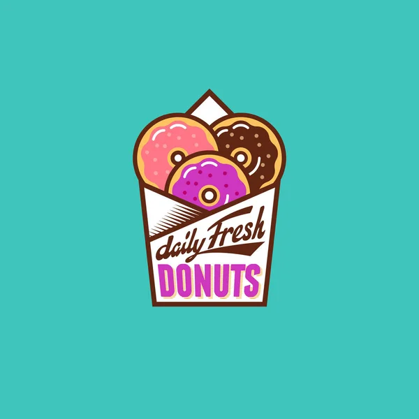 Frische Donuts Logo Mehrfarbige Donuts Papiertüten Vintage Schriftzug Bäckerei Und — Stockvektor