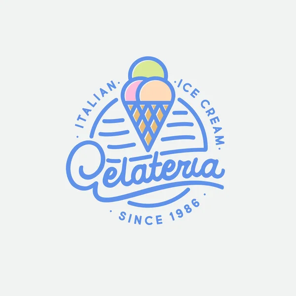 Logotipo Gelado Italiano Gelateria Emblema Sinal Cone Waffle Algumas Colheres —  Vetores de Stock