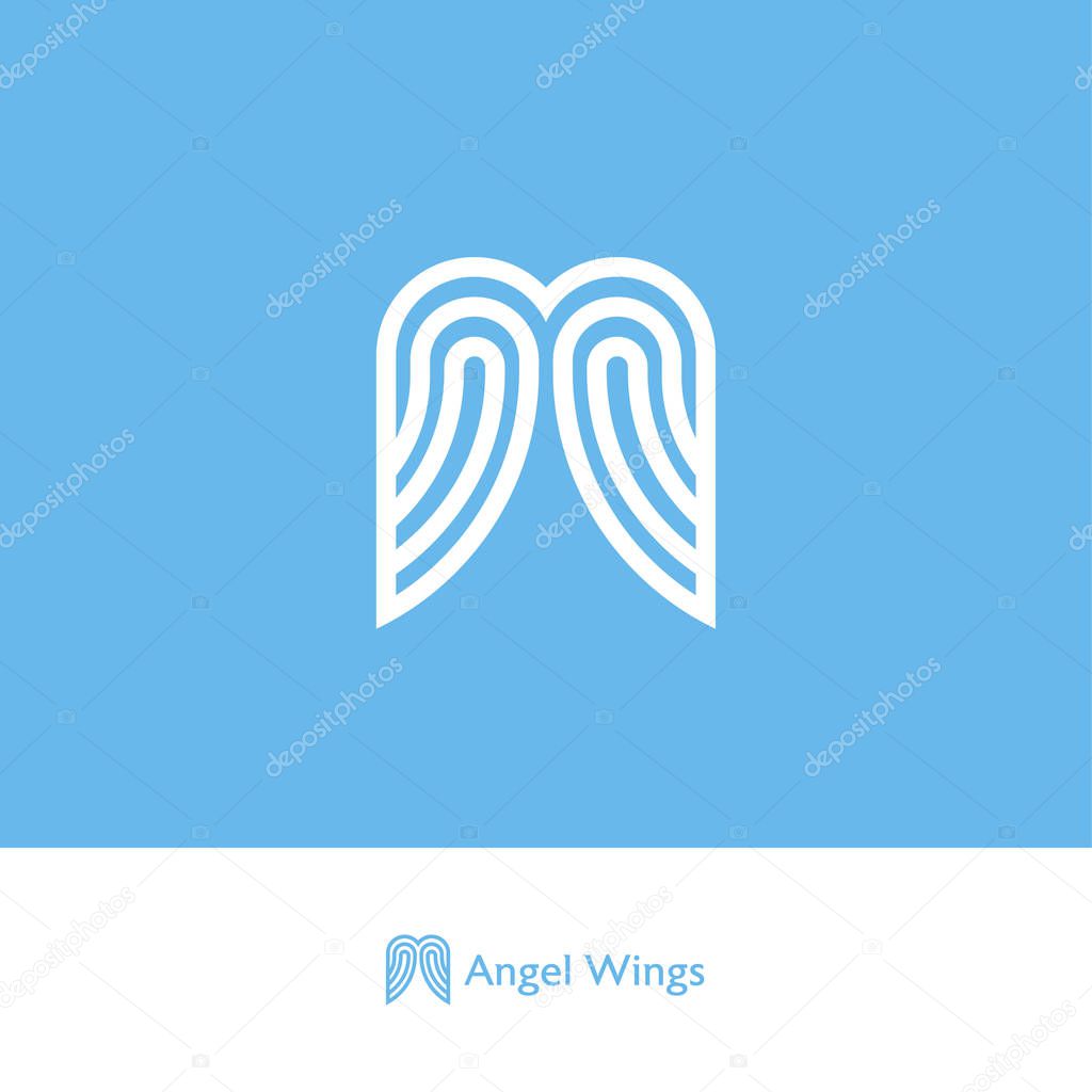 Angel wings logo. Logo from ribbons or strips, isolated on a blue background. Web, UI Icon.