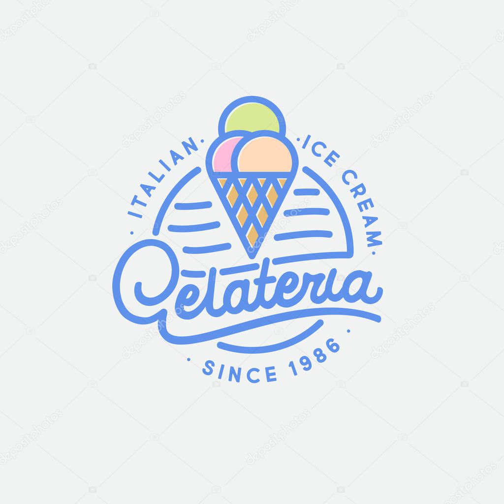 Italian ice cream logo. Gelateria emblem and sign. A waffle cone and some scoops of ice cream with letters on a circle.