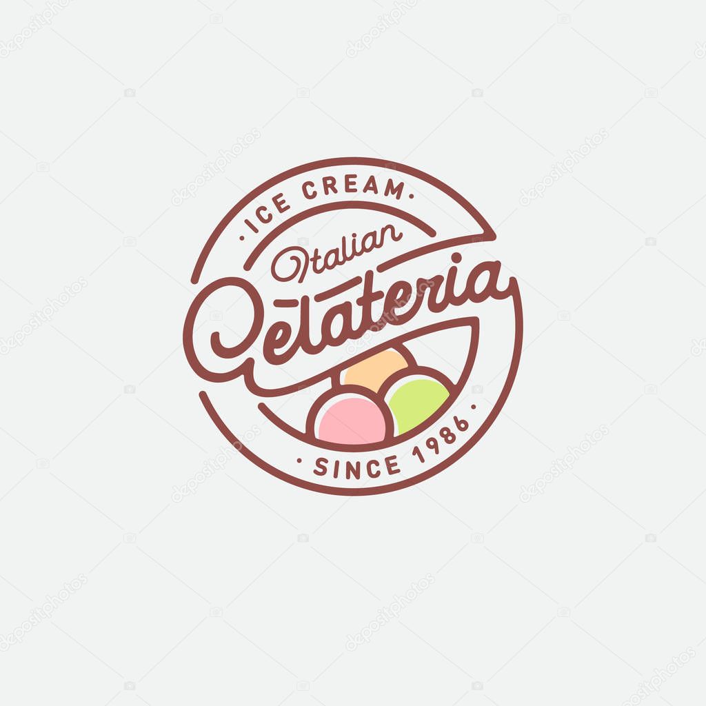 Italian ice cream logo.  Gelateria emblem and sign. Italian ice cream emblem. Some scoops of ice cream  and lettering in a circle.
