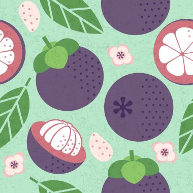 Mangosteen meyve deseni. Sulu meyve yaprakları ve berbat arka planda çiçekler. Dilimlenmiş meyve. Meyve kesme.