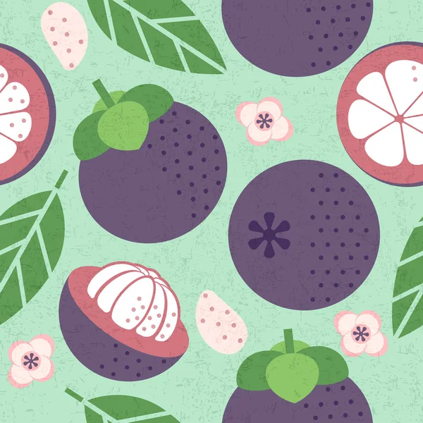 Mangosteenová Ovocná Struktura Šťavnaté Plody Listí Květiny Ošuntělém Pozadí Nakrájené — Stockový vektor