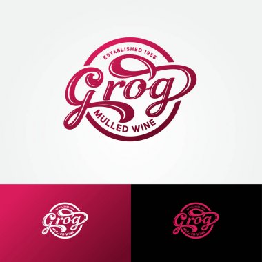 Grog logosu. Mulled şarap kafe. Şarap restoranı logosu. Dekoratif elemanları ile bordo renkli kaligrafik kompozisyon. Klasik tarz.