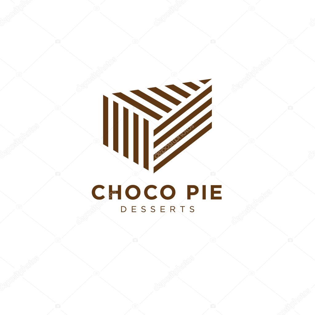 Choco pie bakery logo. Cakes, fresh pastry to order. A piece of cake consist of brown lines, isolated on a white background.
