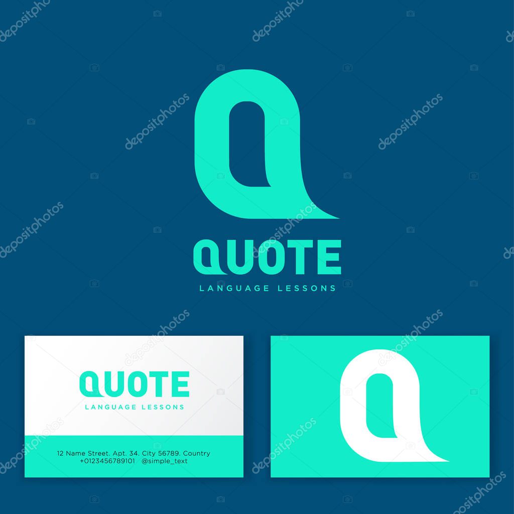 Quote logo. Language school emblem. Letter Q like a bubble. Flat icon. Business card.