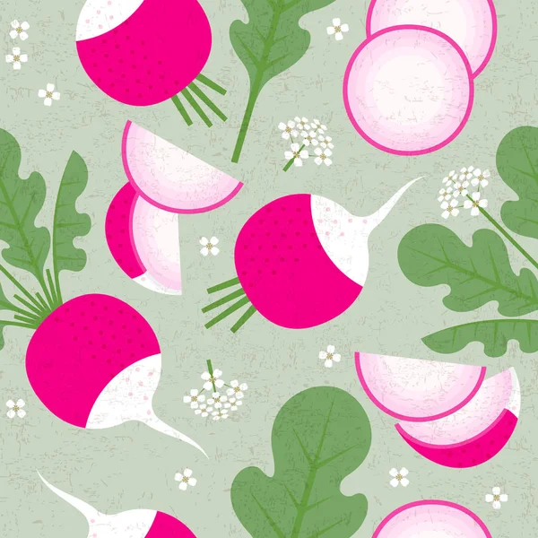 无缝模式 粉红萝卜 叶子和花在破旧的背景 切片萝卜 成熟蔬菜 — 图库矢量图片