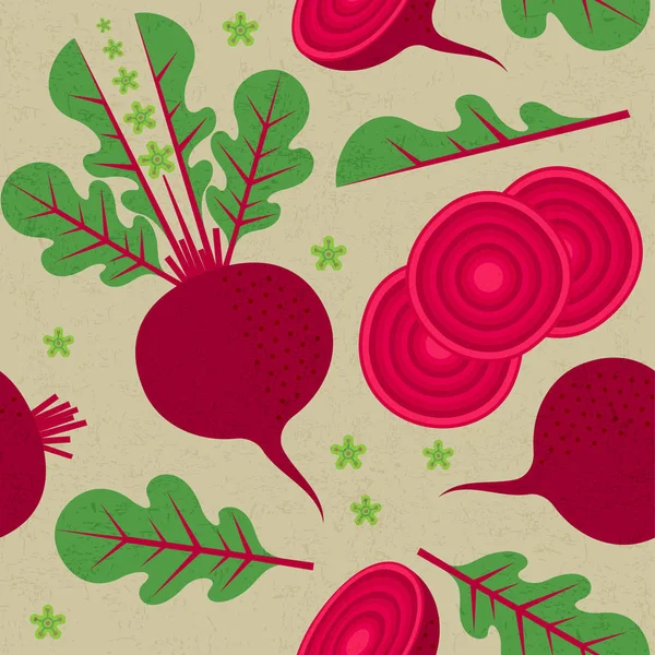 无缝模式 红色甜菜根 叶子和花在破旧的背景 切了一半甜菜根 成熟蔬菜 — 图库矢量图片