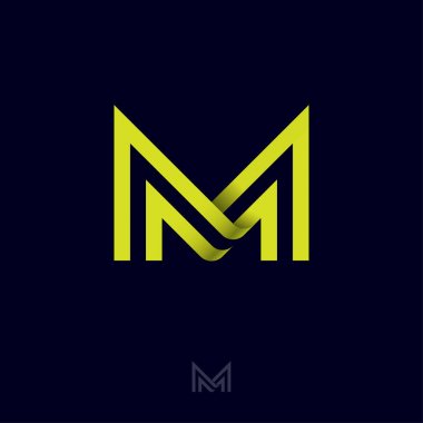 M harfi. M monogramı, koyu bir arka plan üzerinde izole edilmiş sarı çizgilerden oluşur. Web, Ui simgesi.