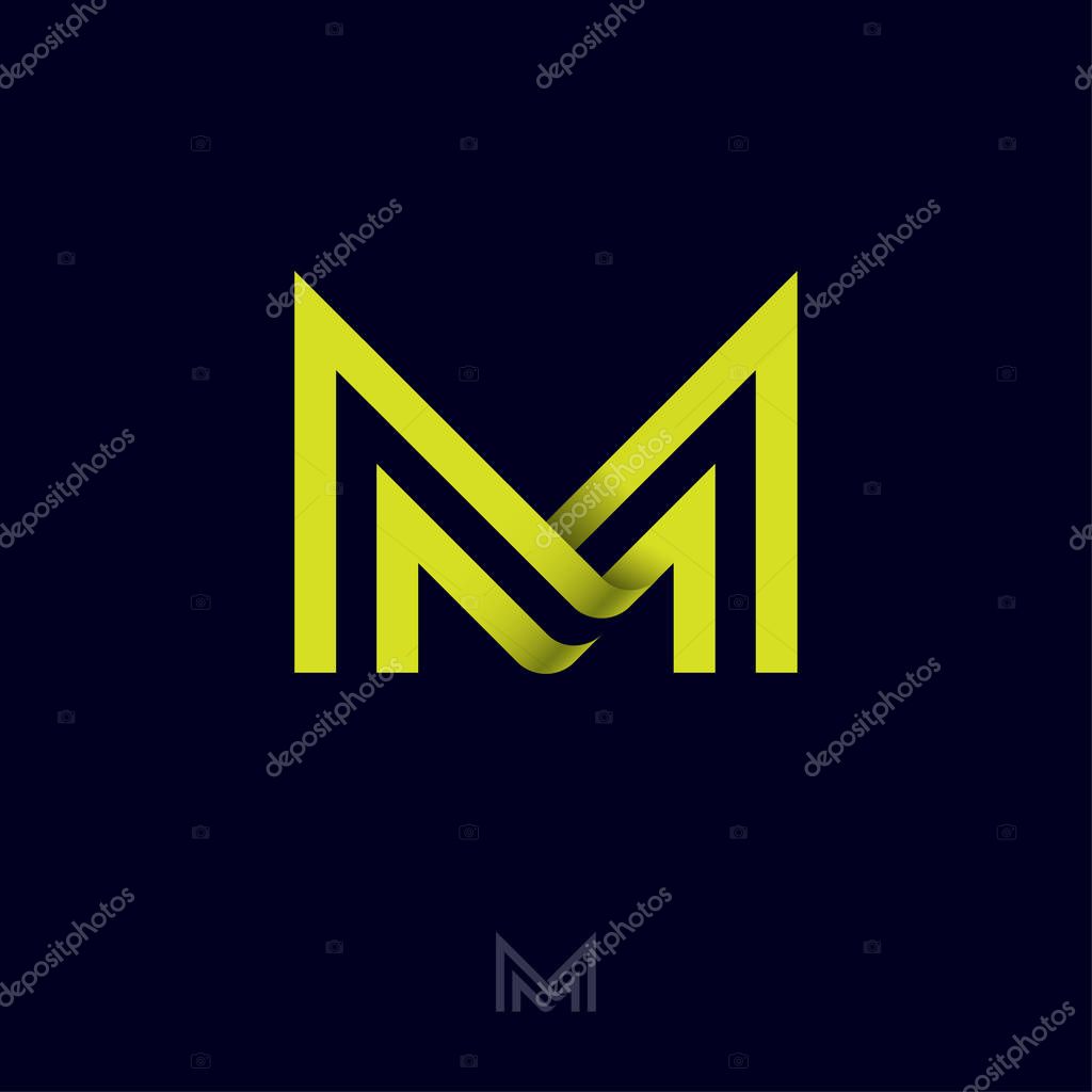 M letter. M monogram consist of yellow lines, isolated on a dark background. Web, UI icon.