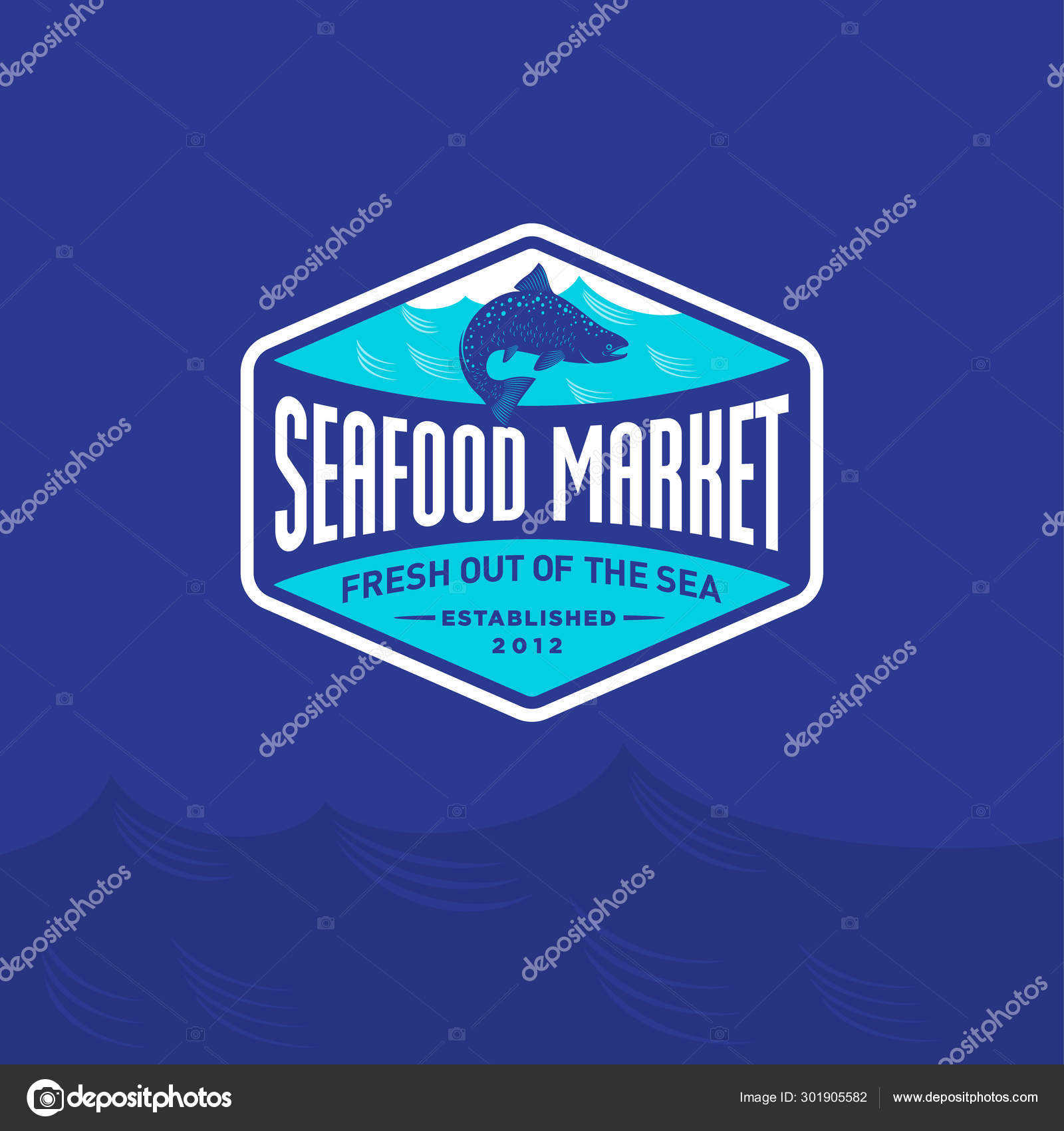 Seafood Market Restaurant Logo Blue Salmon Fish Silhouette Blue