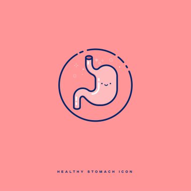 Bir daire içinde sağlıklı mide simgesi. Yıldız ve konfeti ile sevimli karikatür mide. Kawaii tarzı.