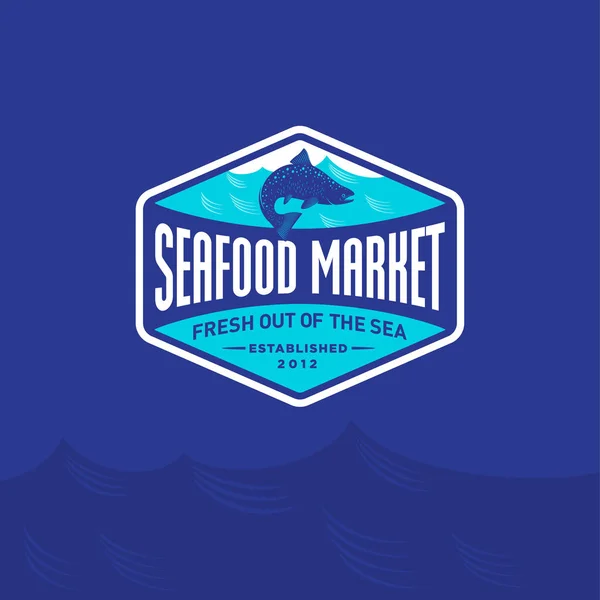 ตลาดอาหารทะเลหร อโลโก านอาหาร ปลาแซลมอนส าเง นและคล นทะเลส าเง จากทะเลสด — ภาพเวกเตอร์สต็อก