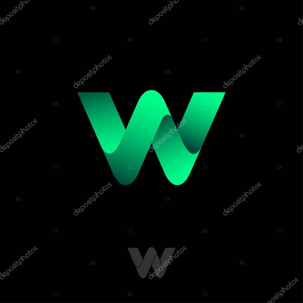 Letter W. W monogram consist of green ribbon. W symbol. Abstract wave, isolated on a dark background.