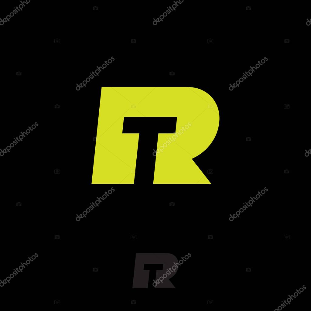 RT logo. R and T yellow monogram. Original symbol on black background. Web, ui icon.