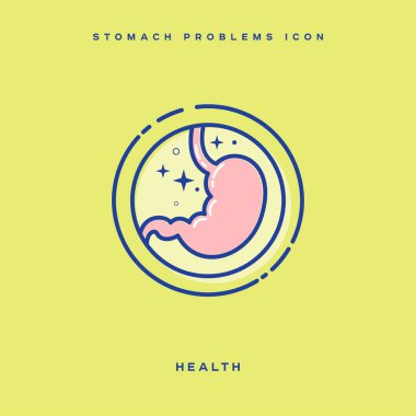Mide sağlığı simgesi. Mutlu mide. Daire içinde doğrusal simgeler. Tıp resimleri.
