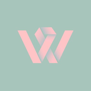 W monogram. W origami logosu. Yeşil arka planda kurdele gibi W harfi. Soyut sembol.
