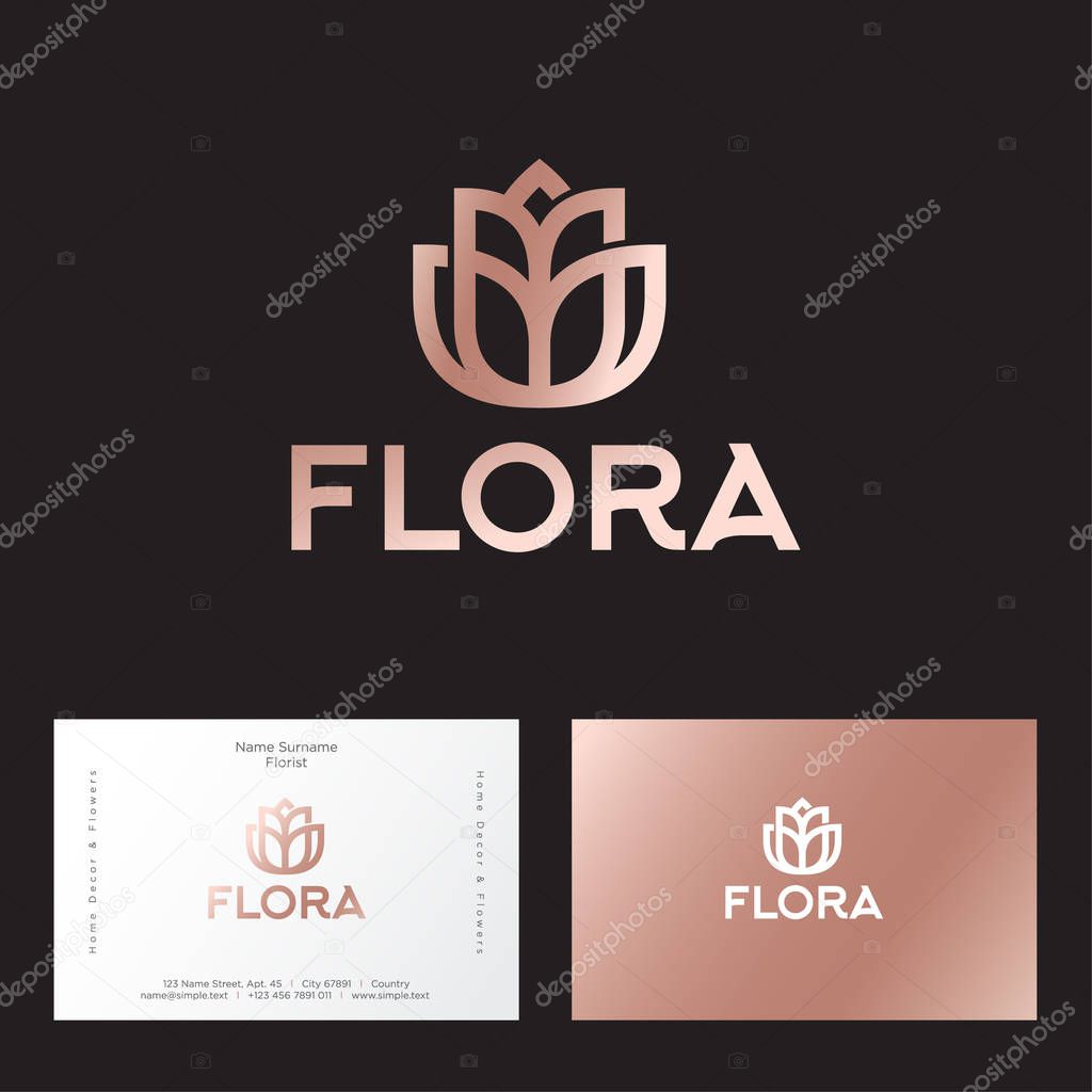 Flora logo. Boutique of flowers and home decor. Flower consist of crossed elements. Business card.