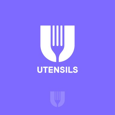 U, monogram, mektup ve çatal, menekşe bir arka plan üzerinde izole. Mutfak sembolü. Tek renkli seçenek.
