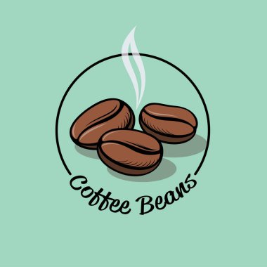 Kahve Çekirdeği logosu. Kahve amblemi. Kahve çekirdekleri ve harfler daire şeklinde. Kahve dükkanı veya kafe logosu.