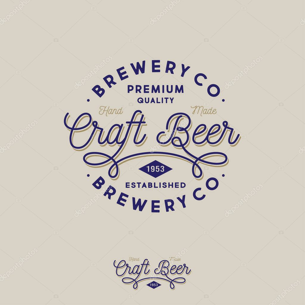 Craft beer and Brewing company logo. Pub emblem. Ribbon and letters. Vintage style. Business card.
