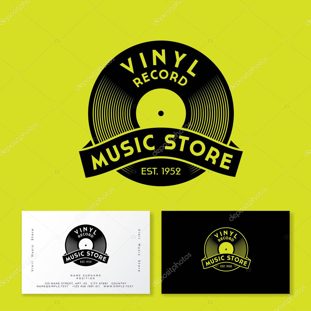 Vinyl Record with ribbon. Logo for vintage music store. Identity in engraving style. Business card.