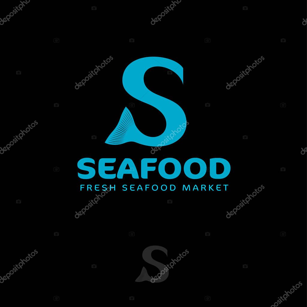 Seafood logo. Letter S with fish tail. S monogram. Seafood market or restaurant.