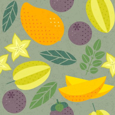 Kusursuz desen. Mango, karambol (yıldız meyvesi) ve mangosen. Eski püskü arka planda yaprakları olan olgun meyveler. Düz Çizim.