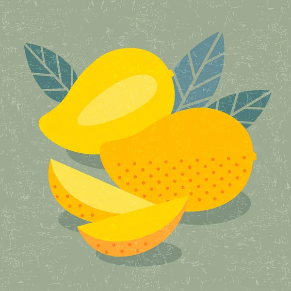 Mangovruchten Illustratie Rijp Heel Helft Van Fruit Gesneden Mango Met — Stockvector