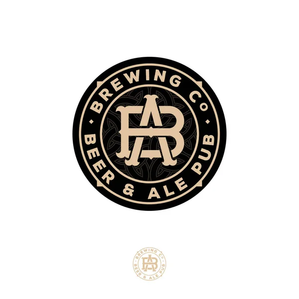 ビールとエールのロゴ ビアパブの紋章 AとBの交差文字 彫刻スタイルでクラフトビールのロゴタイプ ケルトの装飾とヴィンテージスタイル — ストックベクタ