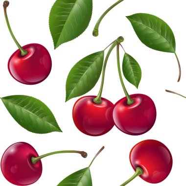 Beyaz arka planda kirazlı ve yapraklı kusursuz desen. İllüstrasyon ambalaj, tekstil, kumaş, ambalaj kağıdı veya posterler için kullanılabilir. 10 EPS. Vektör.