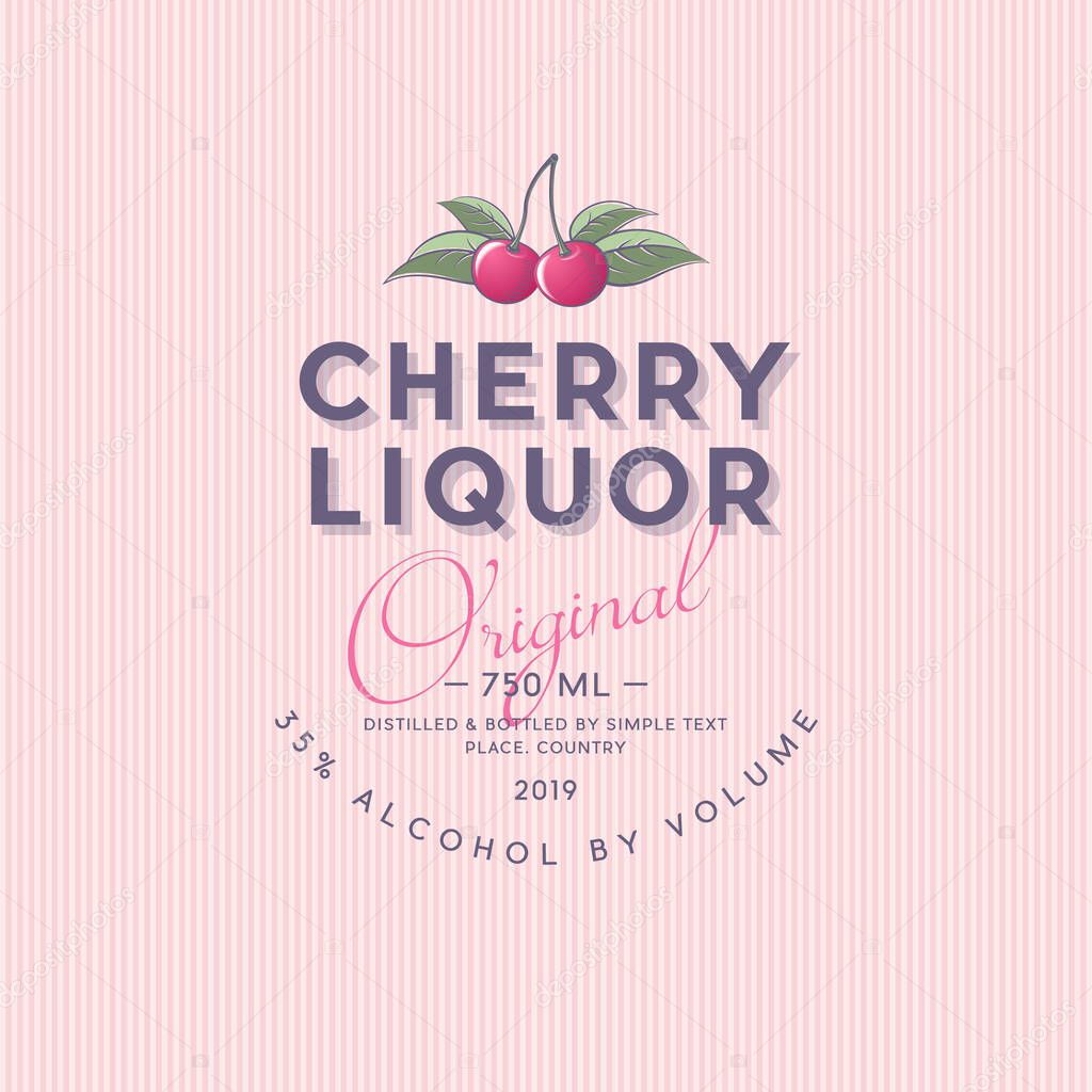 Liquor Label with Ripe Cherry and Letters. Red ripe fruits and letters in a rounded badge. Style Packaging Design.